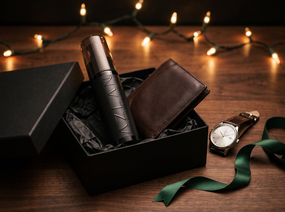 AZLAN bottle with a leather wallet and gift box on a wooden table under warm string lights