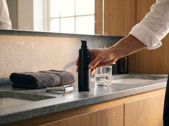 Man reaching for the AZLAN face and beard oil on a stone bathroom counter next to a towel, razor and glass of water