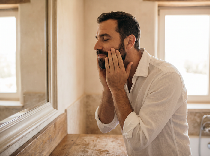 Bearded man in a white shirt pressing oil into his beard in a bright room