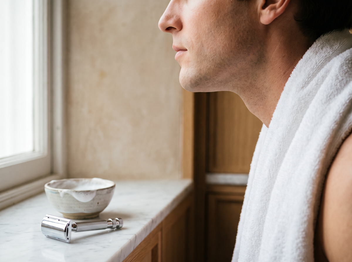 Freshly shaved jawline with a towel over the shoulder, safety razor and shaving lather on a marble counter
