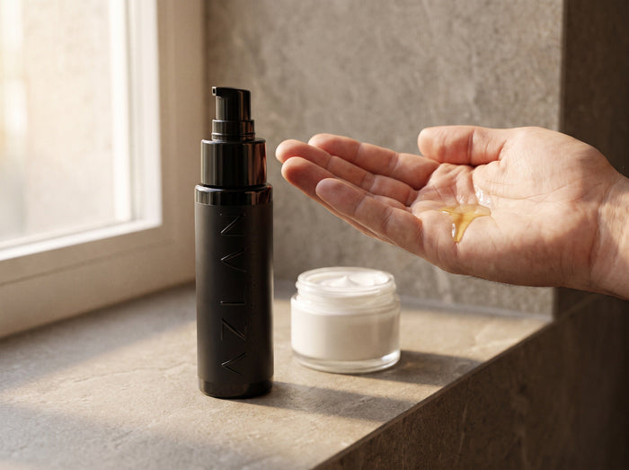 Man's open palm next to the AZLAN face and beard oil against a concrete wall