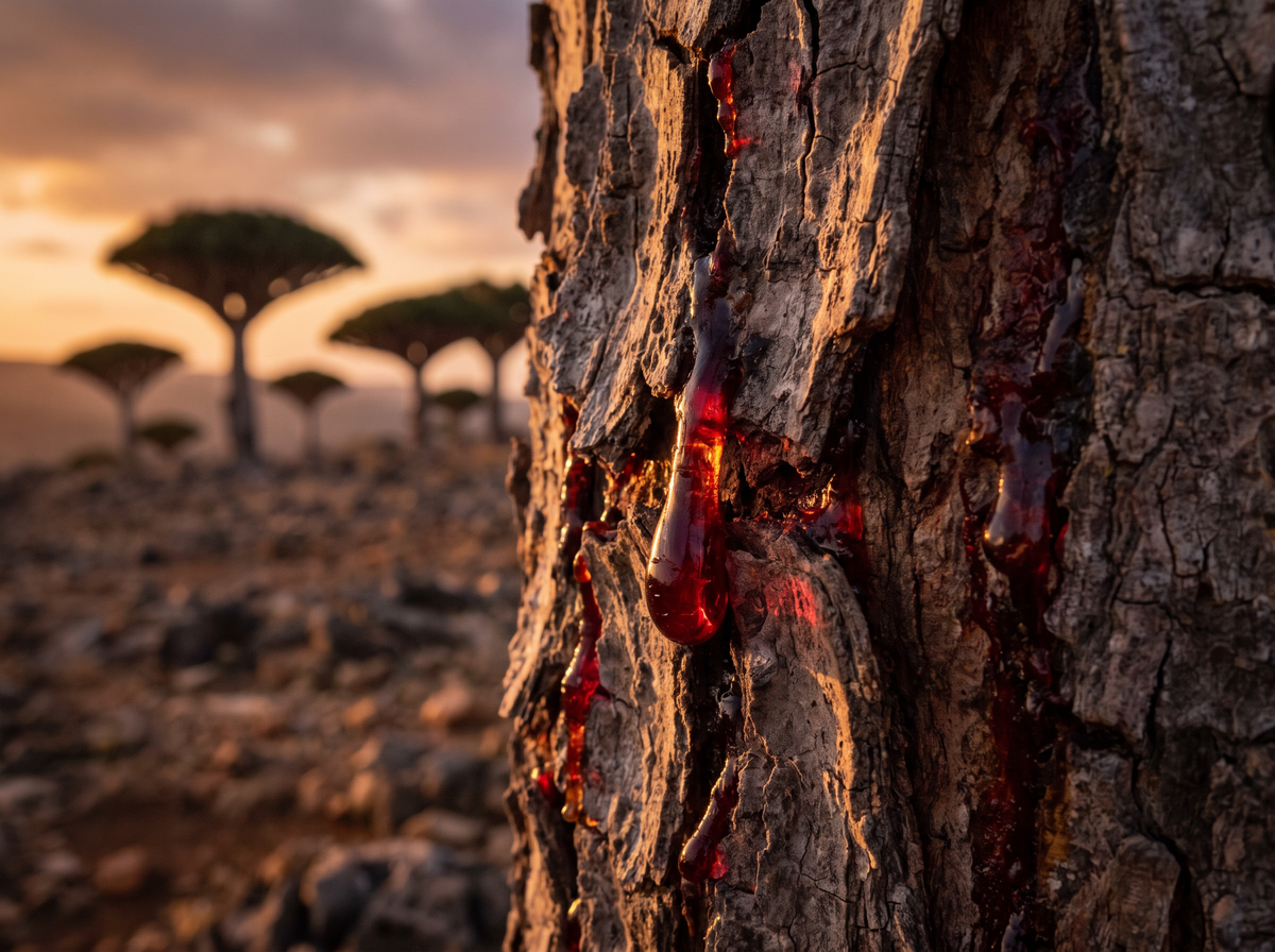 Red Dragon's Blood resin on the bark of a dragon tree with dragon trees silhouetted at sunset on Socotra