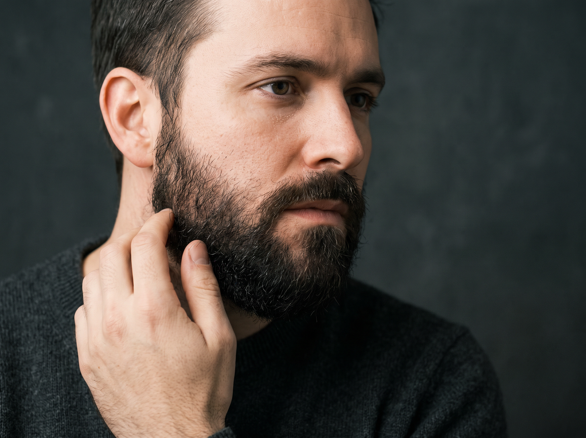 Man with a short dark beard running his fingers along his jawline in soft side light